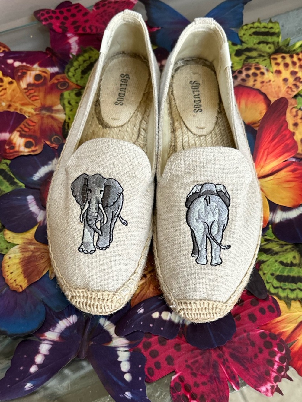 Soludos Espadrilles with Embroidered Gray Elephants
